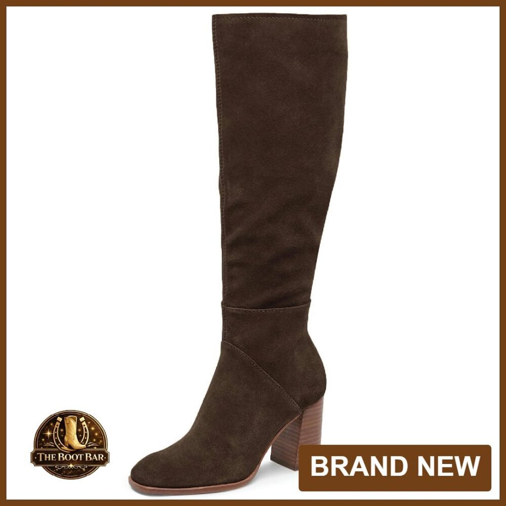 Knee High Boots Square Toe Chunky Heel Side Zipper Faux Suede - Picture 1 of 8
